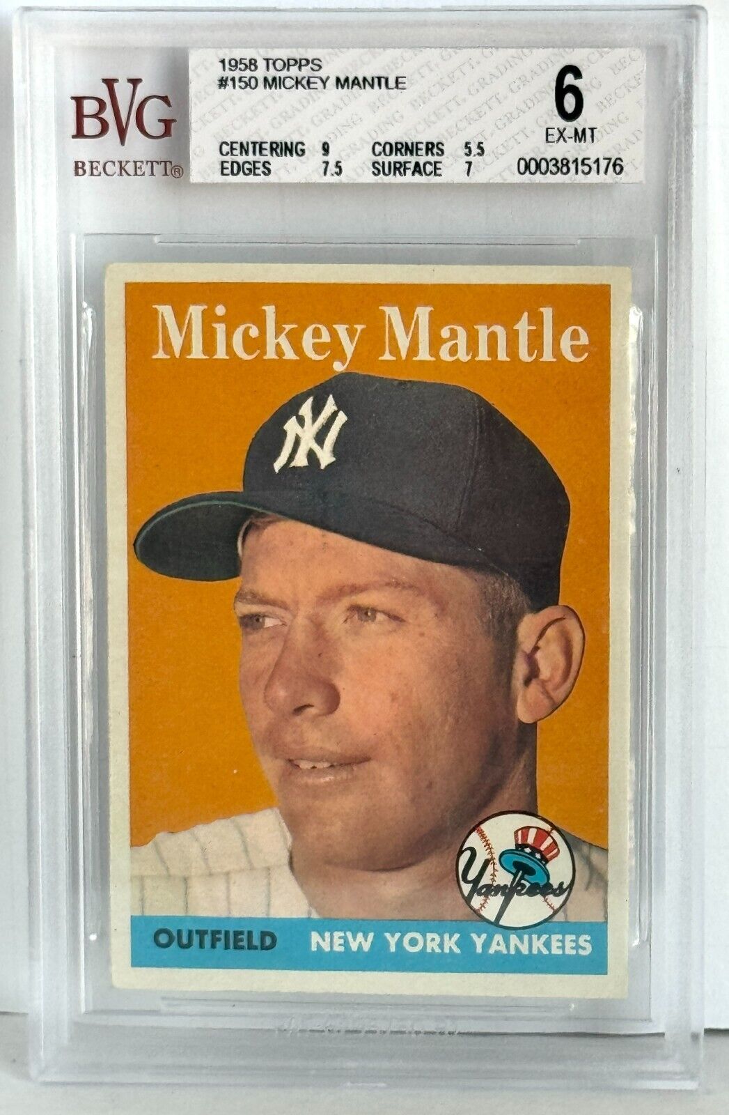 1958 Topps Mickey Mantle #150 Vintage MLB Baseball Card Graded Beckett BVG 6