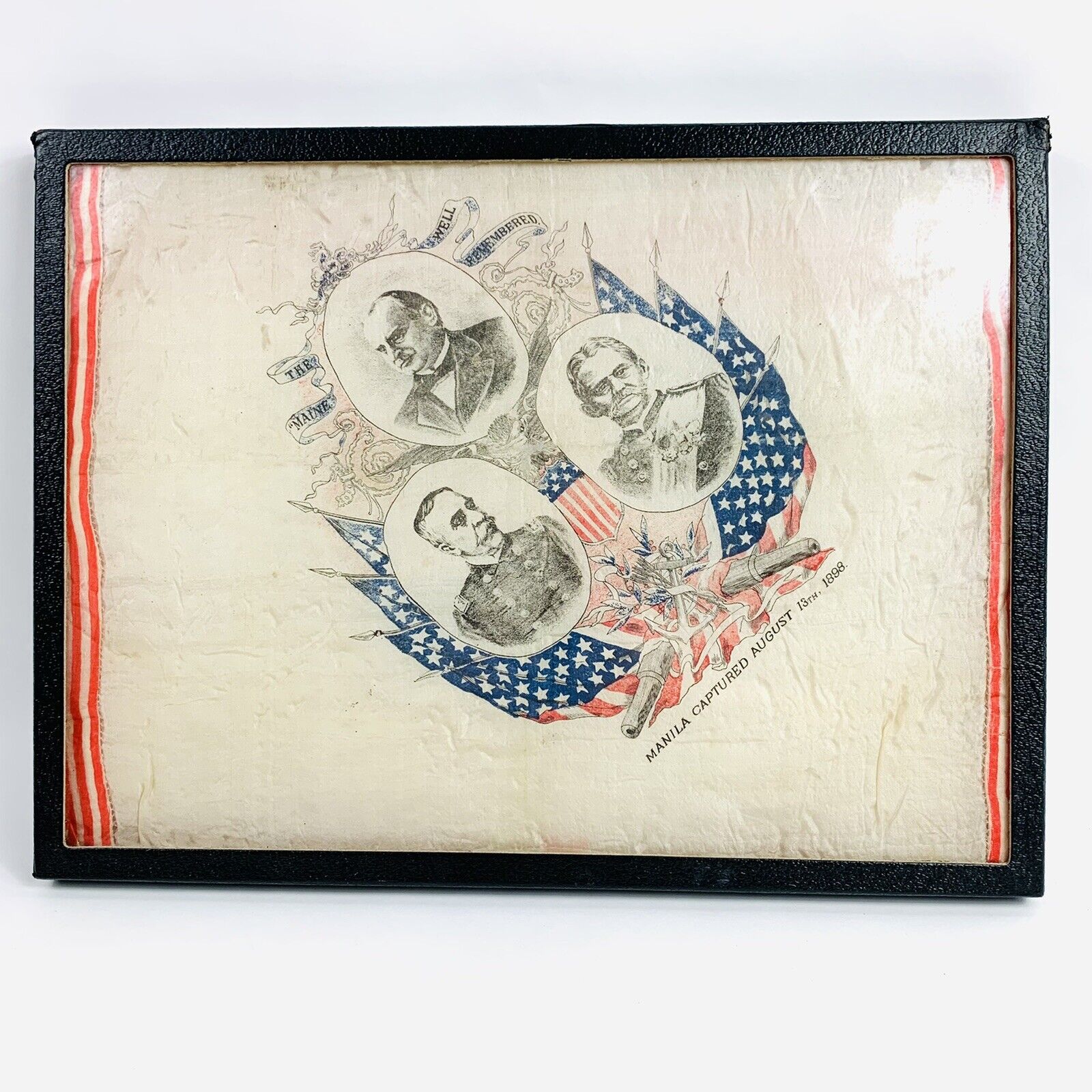 ca 1898 Spanish American War Handkerchief Printed Silk Manila Captured Framed