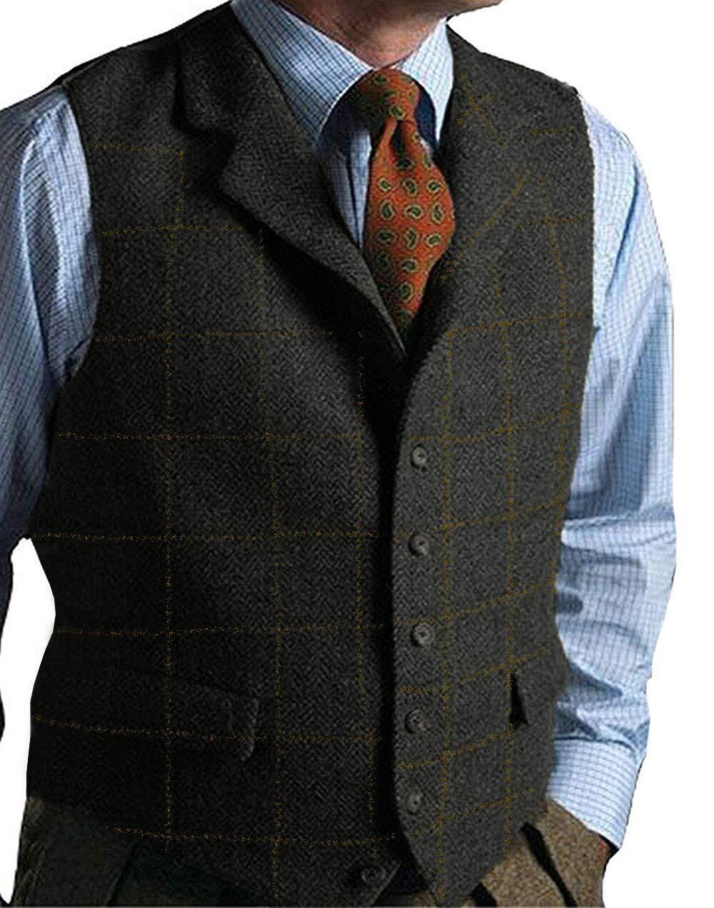 Mens Tweed Waistcoat Vest Retro Herringbone Groom Vintage Worwear Vest XS-3XL