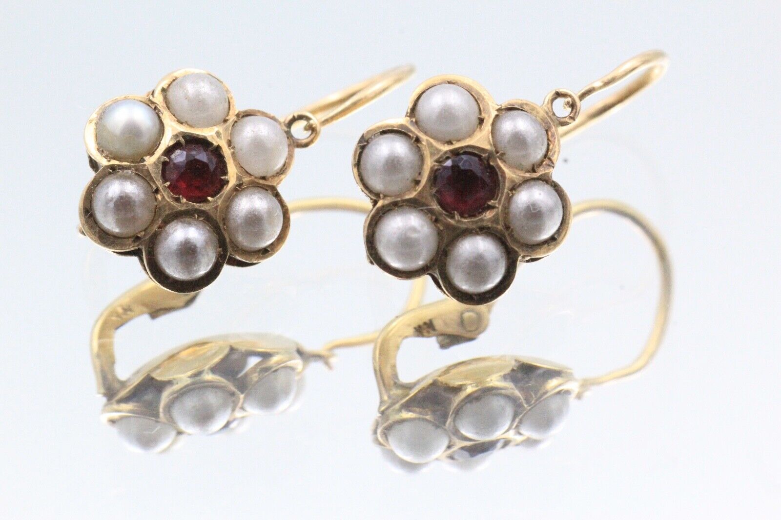 Mystical Antique Georgian 14k Gold Seed Pearls Garnet Earrings