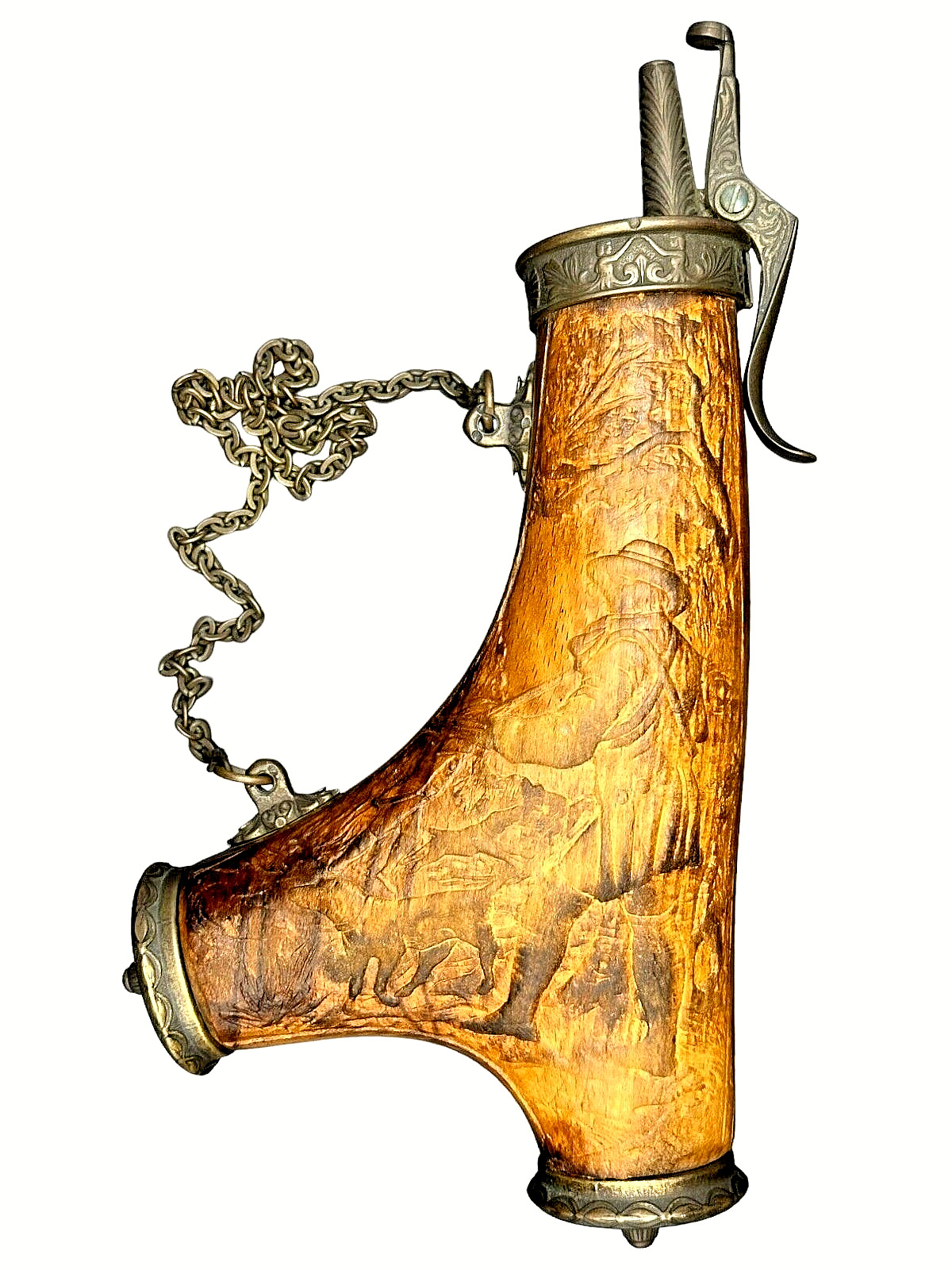 Antique German Gun Powder Horn Flask Carved Wood Hunting Guns Blackpowder Rifle