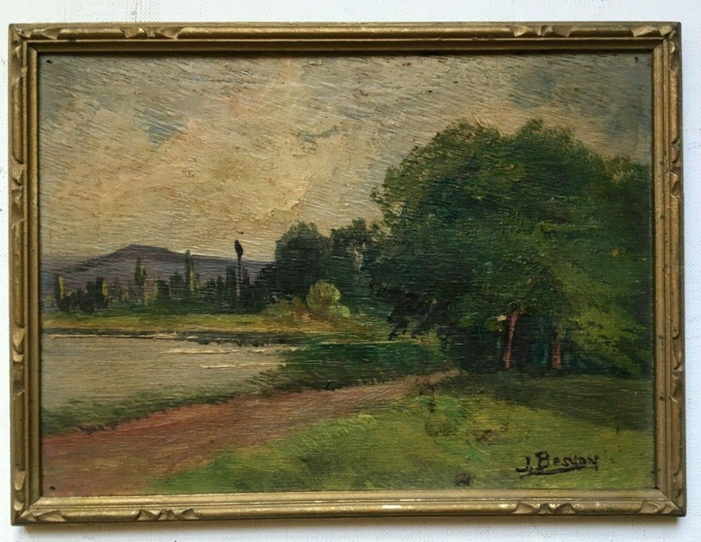 Antique French Impressionism Oil Painting Miniature Countryside Landscape BESSON