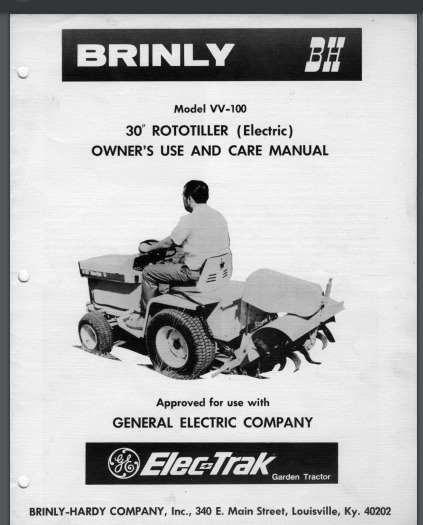 G.E Elec-Trak Tractor 30 Tiller Implement Brinly VV-100 Owner Manual COMB BOUND