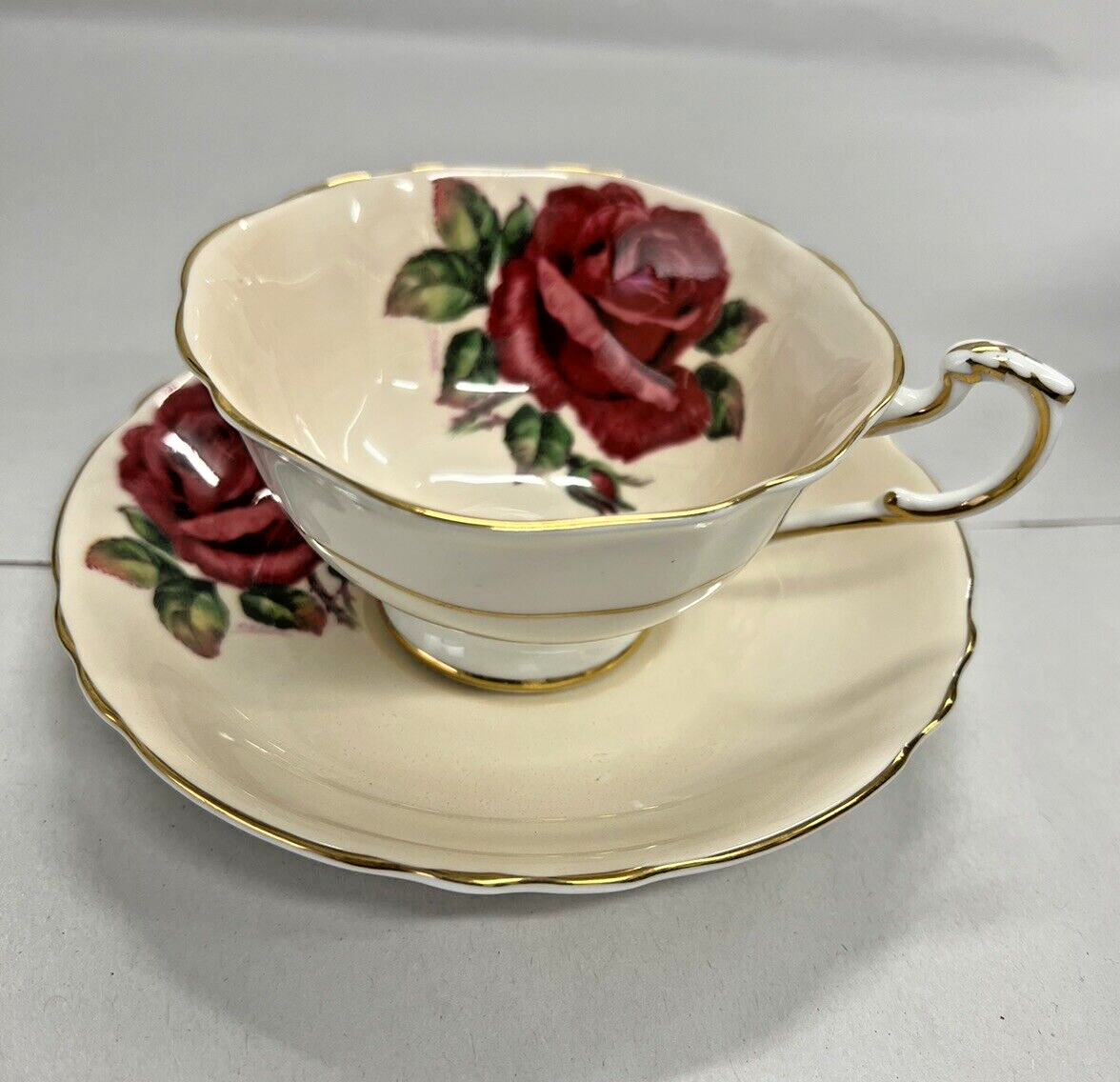 PARAGON England Teacup And Saucer LARGEST RED CABBAGE ROSE signed R JOHNSON