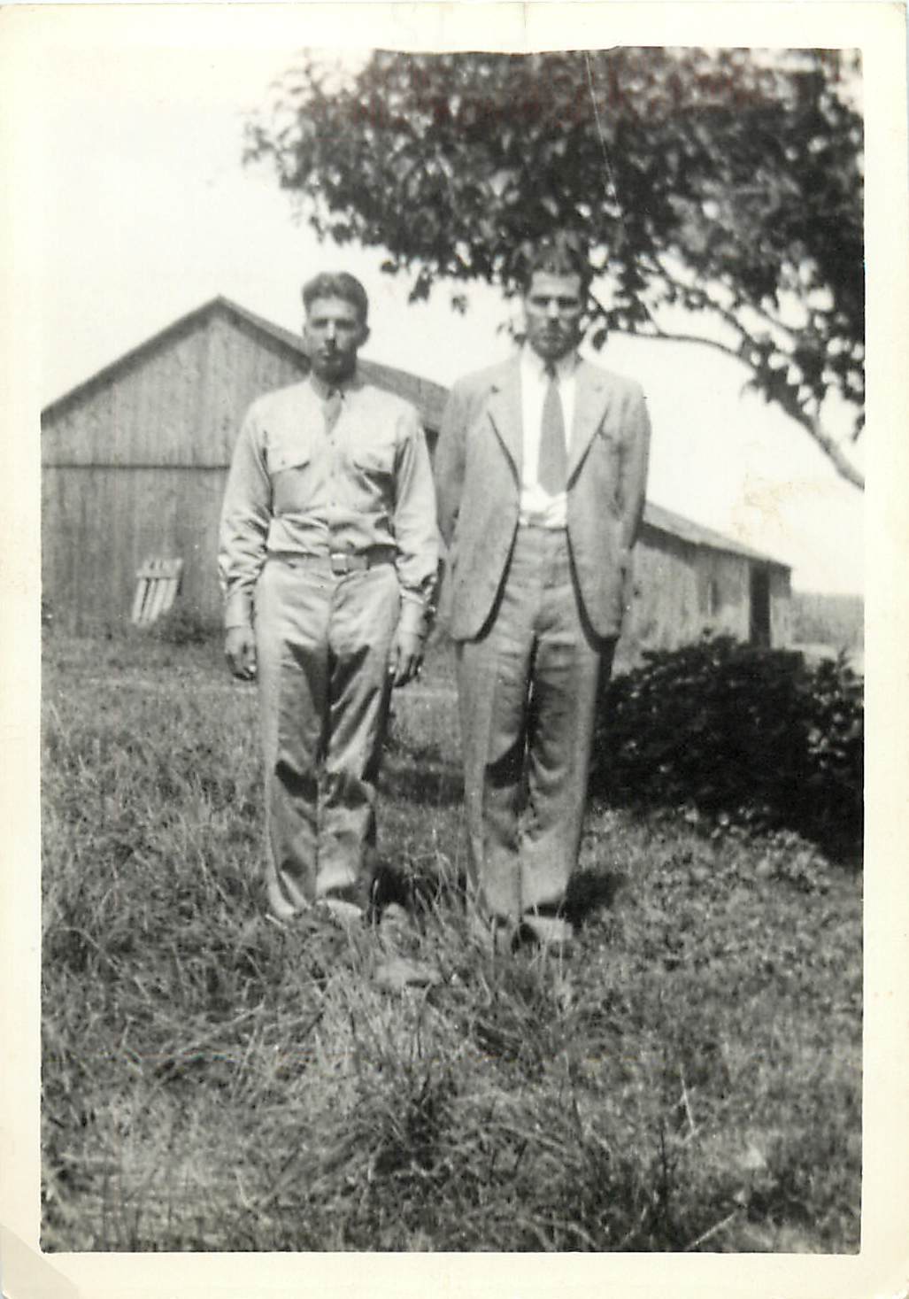 Soldier Visting Hoe on Farm with Father B&W Photo 3-1/2x5 Father and Son