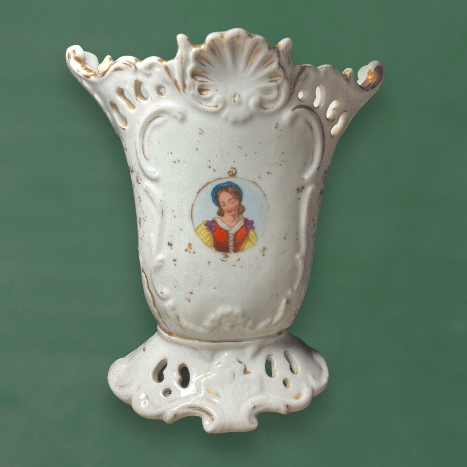 Antique French Old Paris Porcelain Wedding Vase Hand Painted Woman Blue Flowers