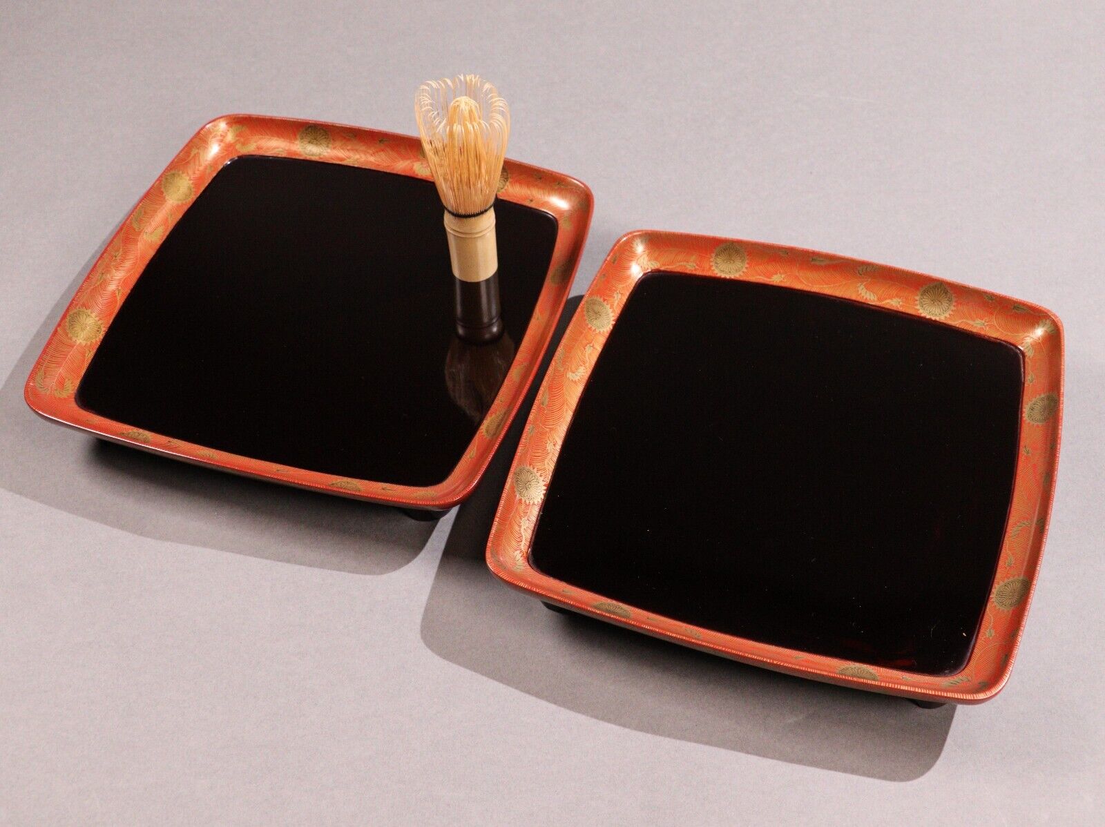 Vintage Japanese Lacquer Ware Wooden Pair Tea Trays 9.6inch Makie Tea Ceremony