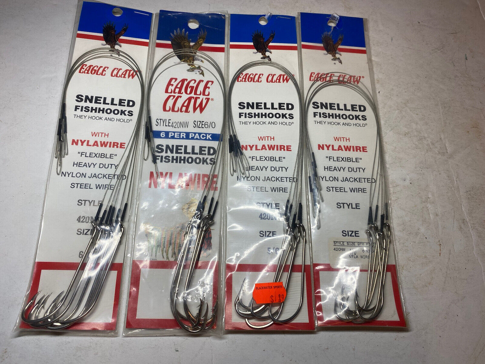 Vintage Lot Of 4 Packages Eagle Claw Snelled Hook Nylawire Leader 4/0 5/0 6/0