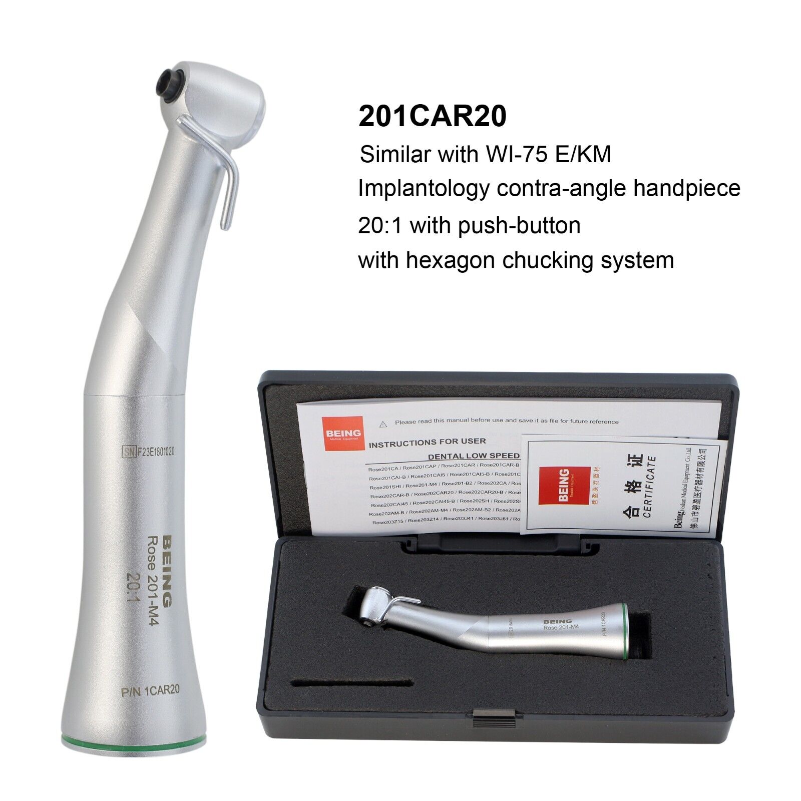 BEING Dental Implant Surgical Handpiece 20:1 Contra Angle 1:1 Straight Nose Cone