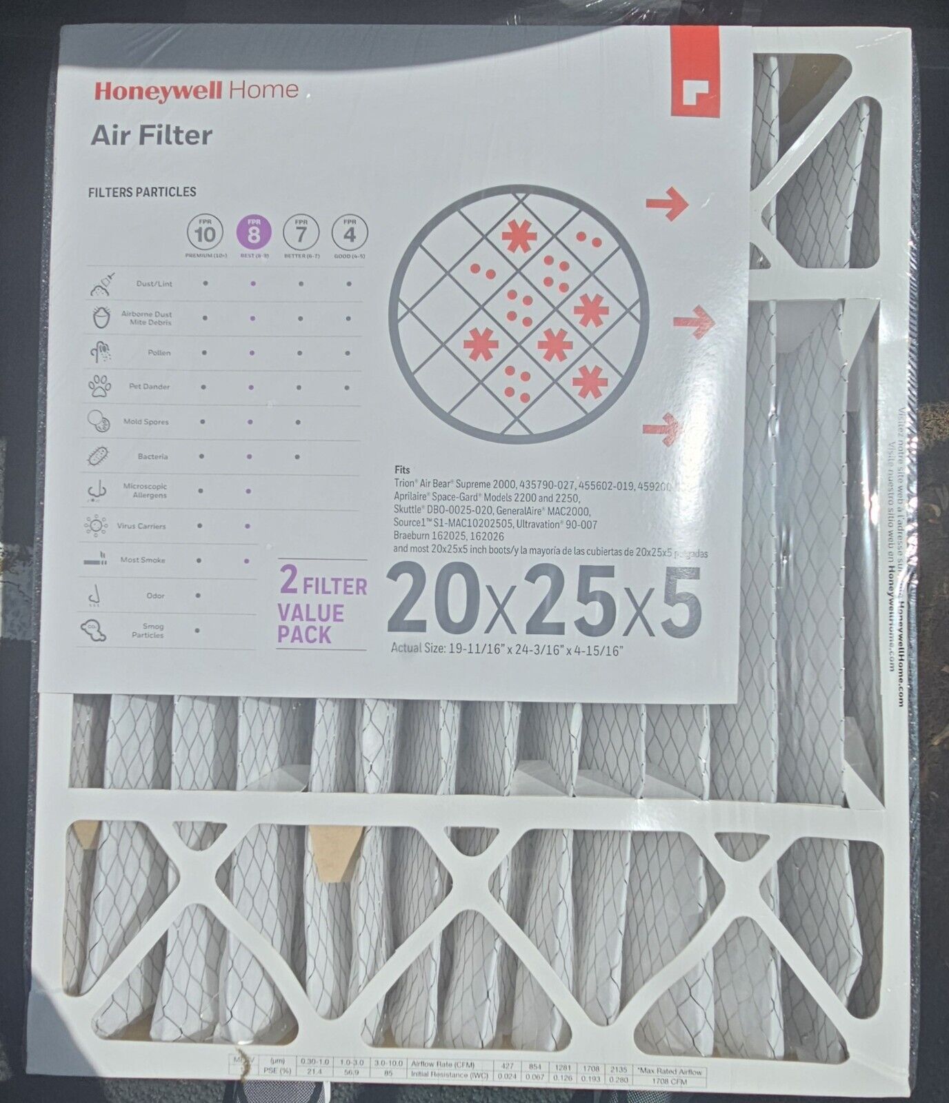 Honeywell Home Air Filter 20 x 25 x 5 (2 Pack) Pleated MERV 10 - FPR 8 QTY 
