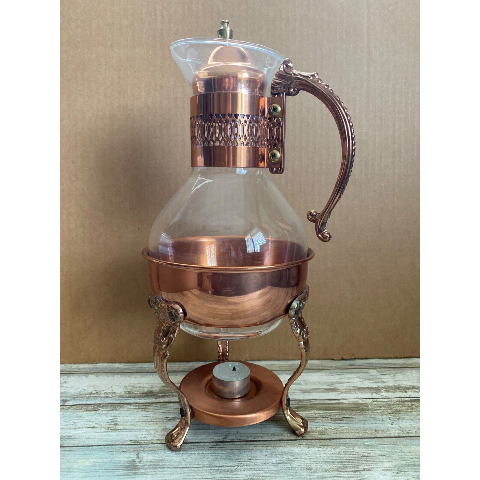1970s Corning Heat Proof Copper and Glass Coffee Tea Carafe Warming Stand