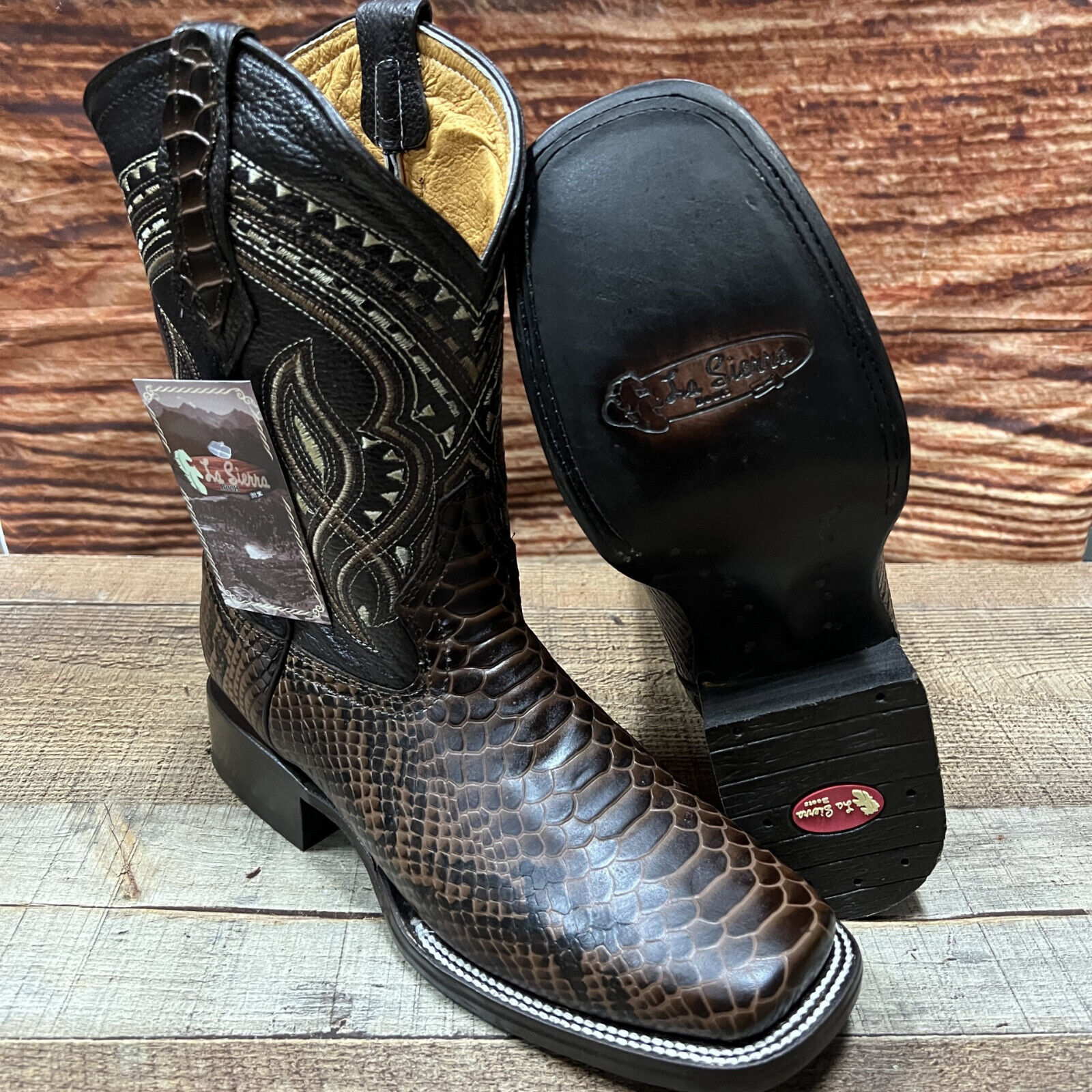 Men's Python Print WESTERN Cowboy Rancher Square-Toe Boots Brown Bota Rodeo 695