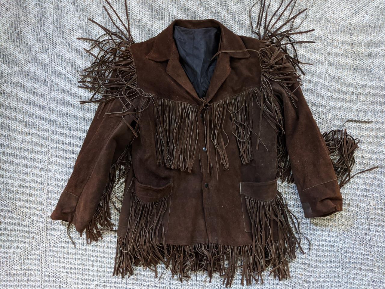 vintage 1960s-70s western FRINGE leather coat 44 (L) brown COWHIDE cowboy BOHO