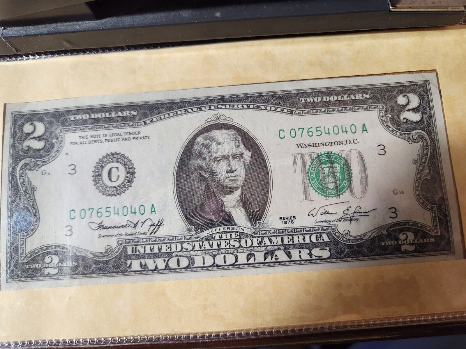Franklin Mint 1976 Two Dollar Bicentennial Bill - Serial No: C 07654040 A