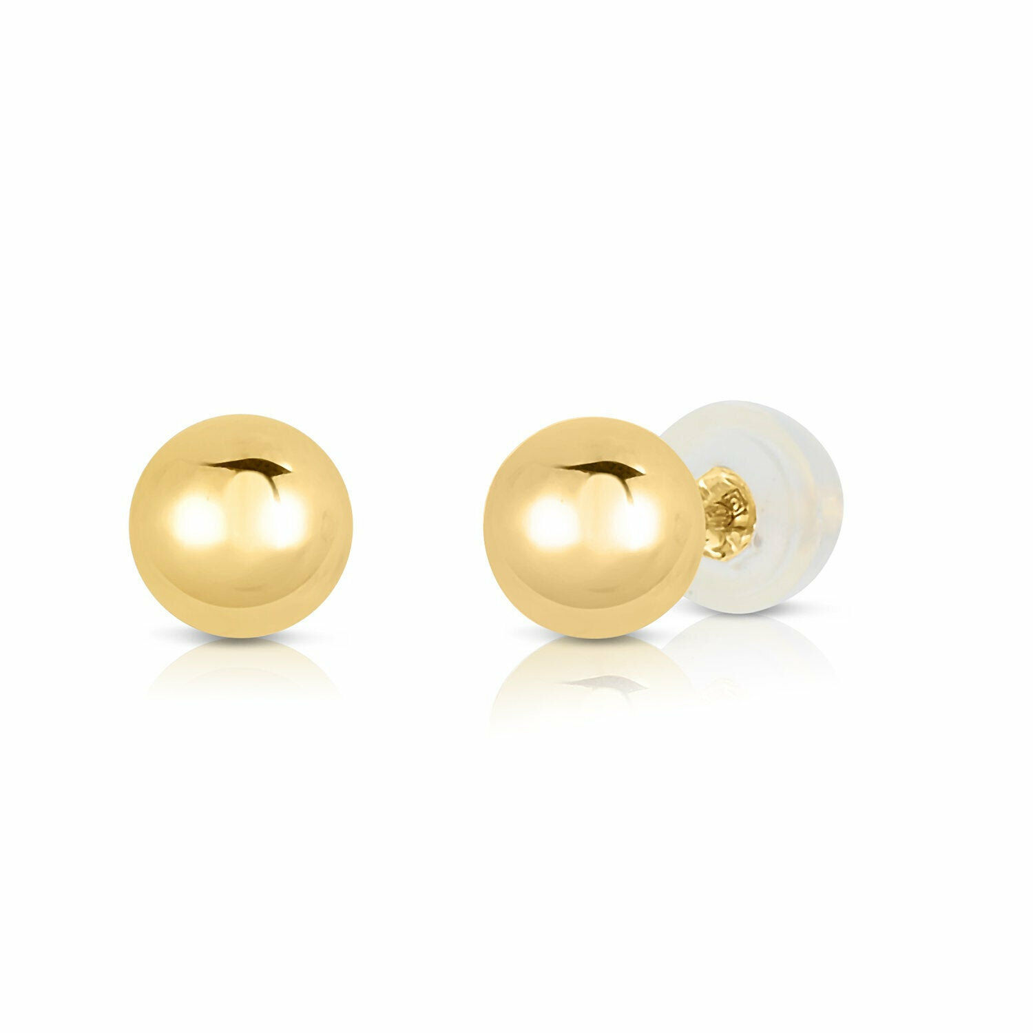 14K Real Solid Yellow Gold Polished Round Ball Stud Earrings Silicone Push-back