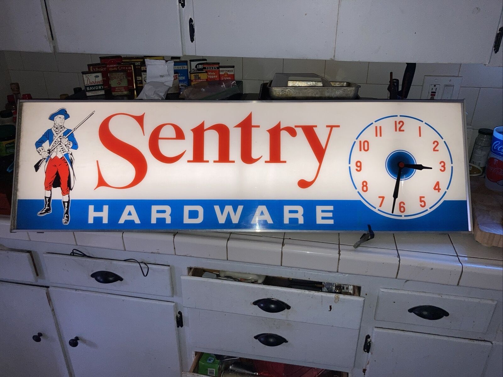 Vintage Sentry Hardware Store Hanging Wall Clock Sign Advertisement 50x5.5x14.75