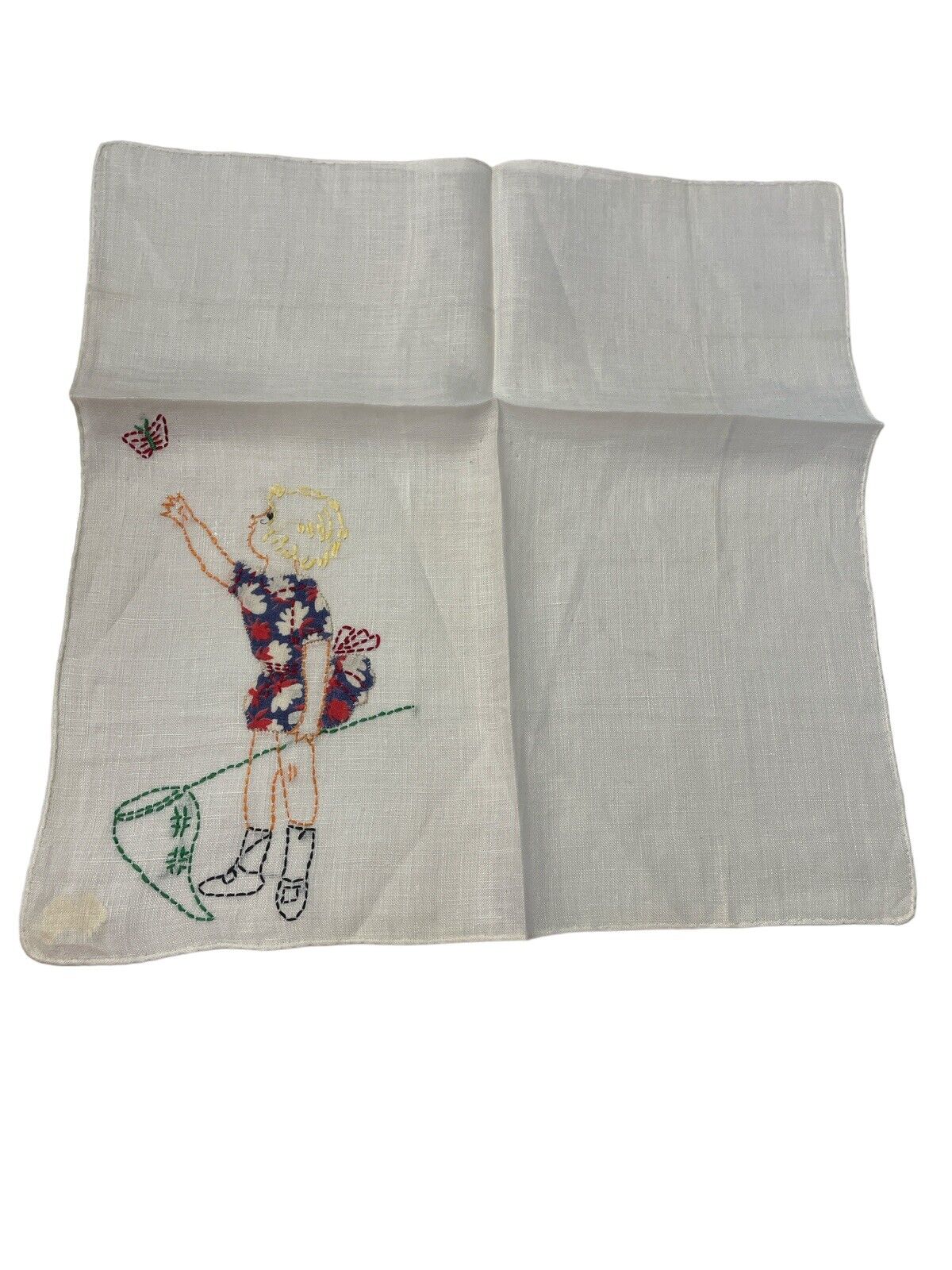 Vintage White Linen Embroidered Girl chases Butterfly Handkerchief 9\