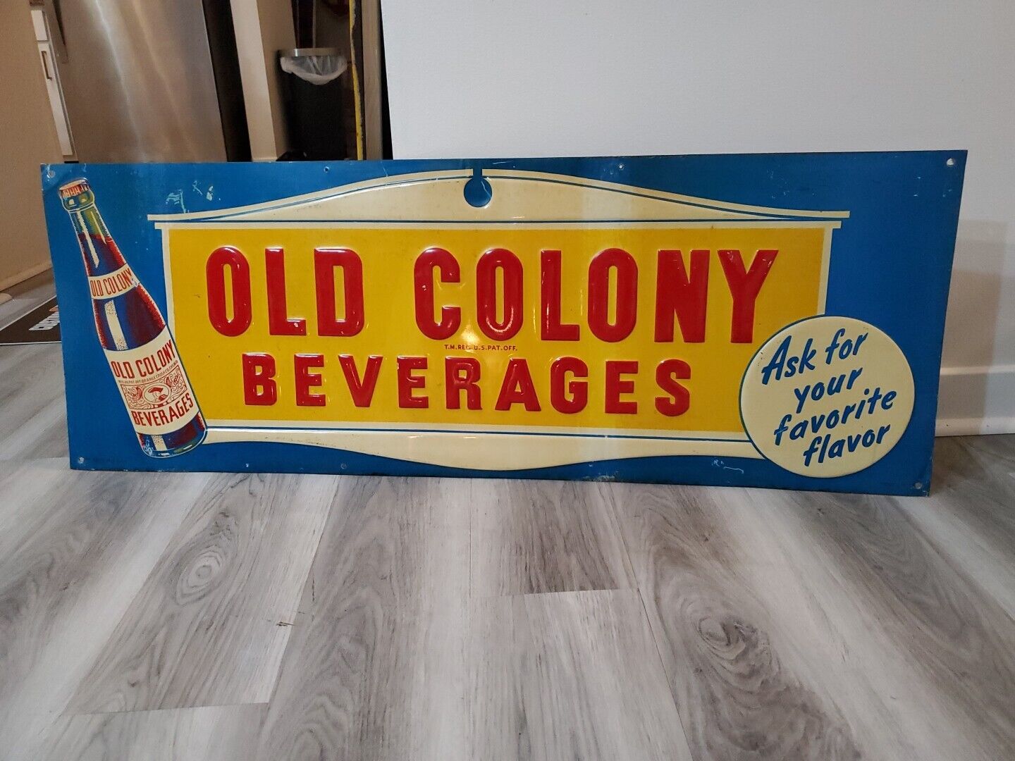 c.1948 Original Vintage Old Colony Beverages Sign Metal Embossed Orange Crush 