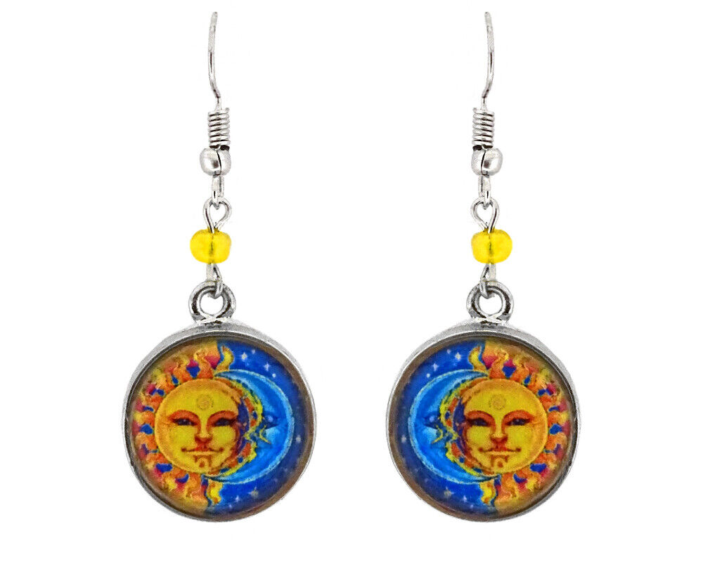 Round Sun and Moon Metal Dangle Earrings Spiritual Celestial Boho Art Jewelry