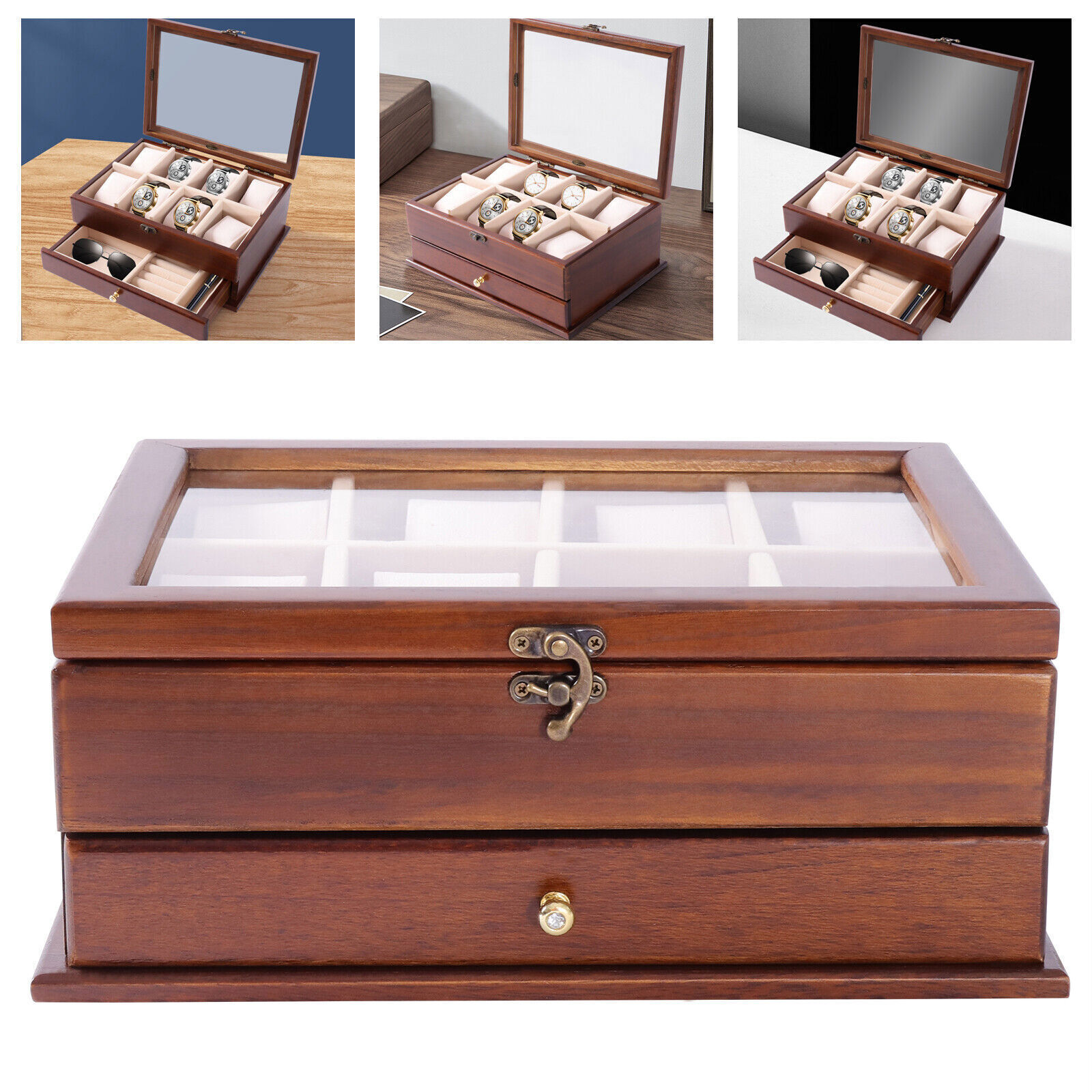 Vintage Watch Box 2 Layers Sycamore Wood Jewelry Large Storage Case Organizer