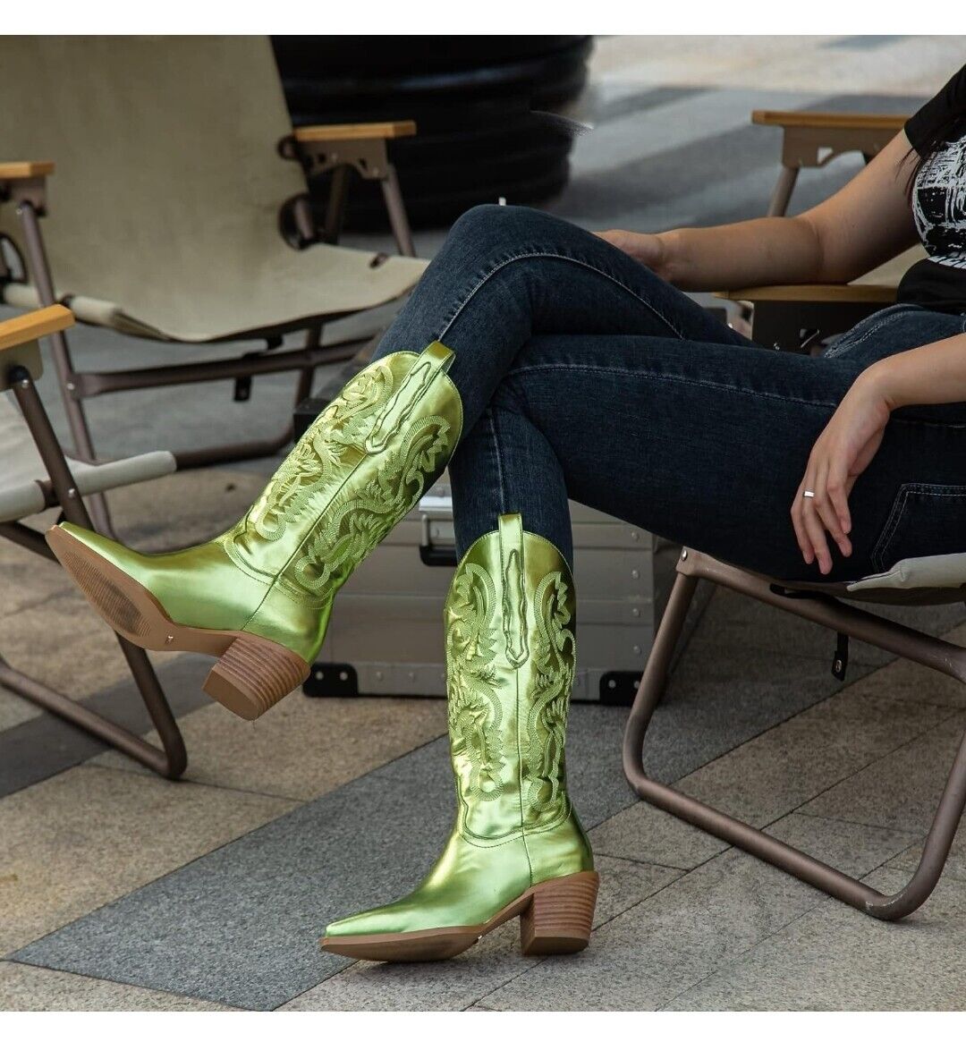Women\'s Cowgirl Boots Size 9 Metallic Cowboy Vintage Western Block Heel MUCCCUTE
