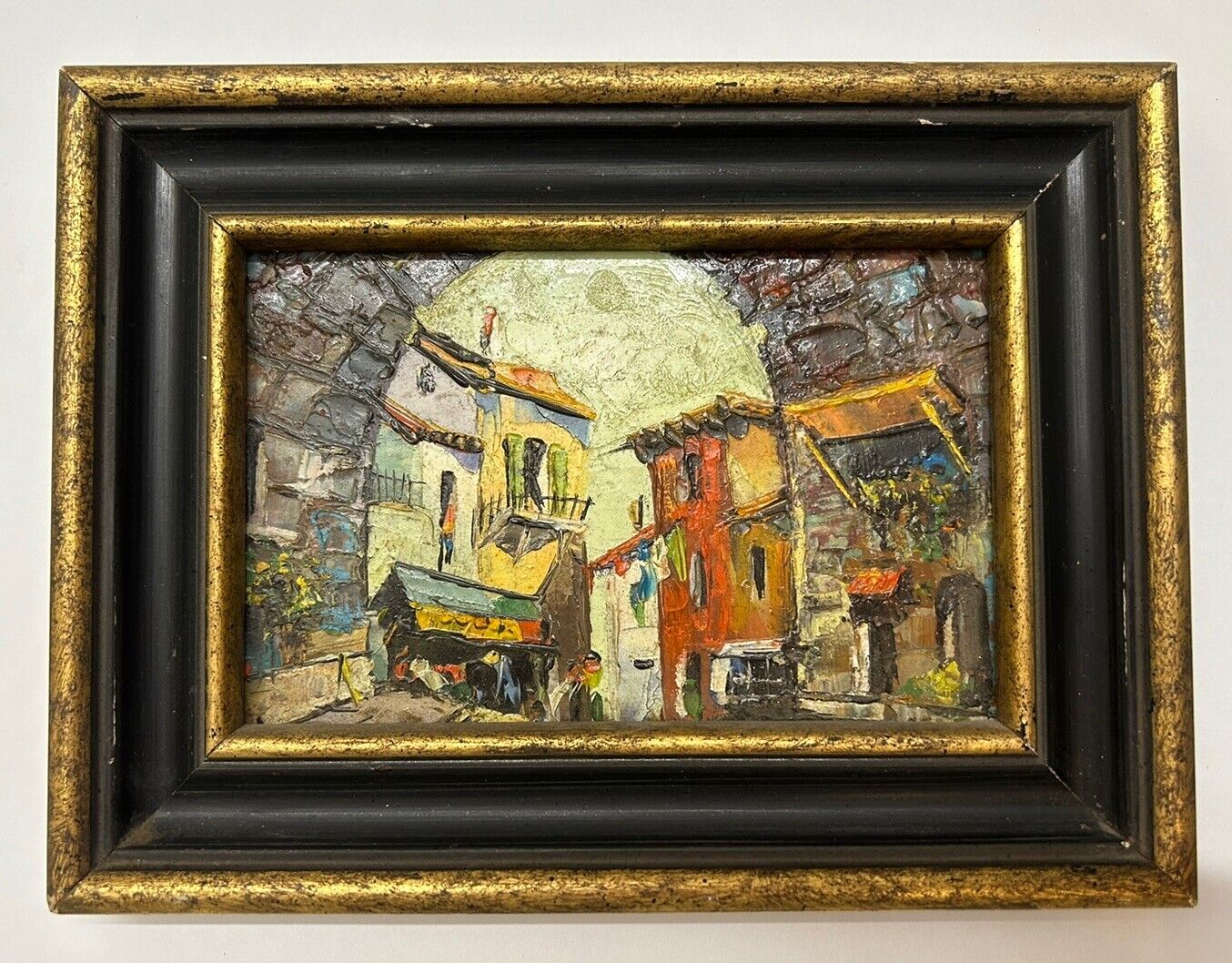 VTG Impressionist Old Town Street Scene Oil Painting On Board Framed Signed