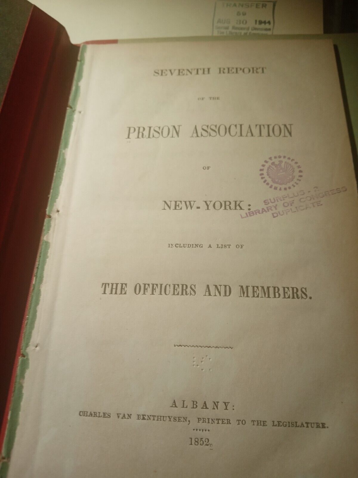 Prison Report  Of New York 7th Edition Original 1852 Book Association Jail