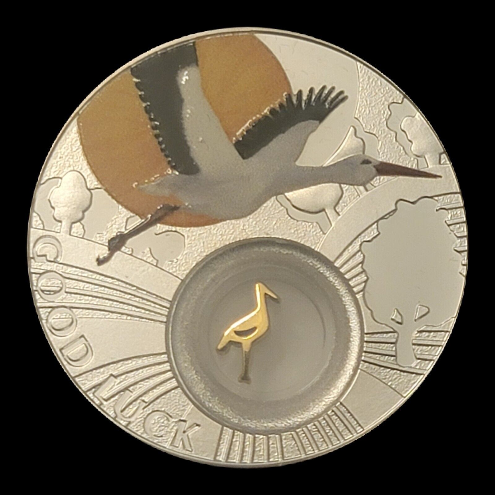 2014 Niue Lucky Coins Stork 14.14 Grams Proof Silver with Selective Gold Gild