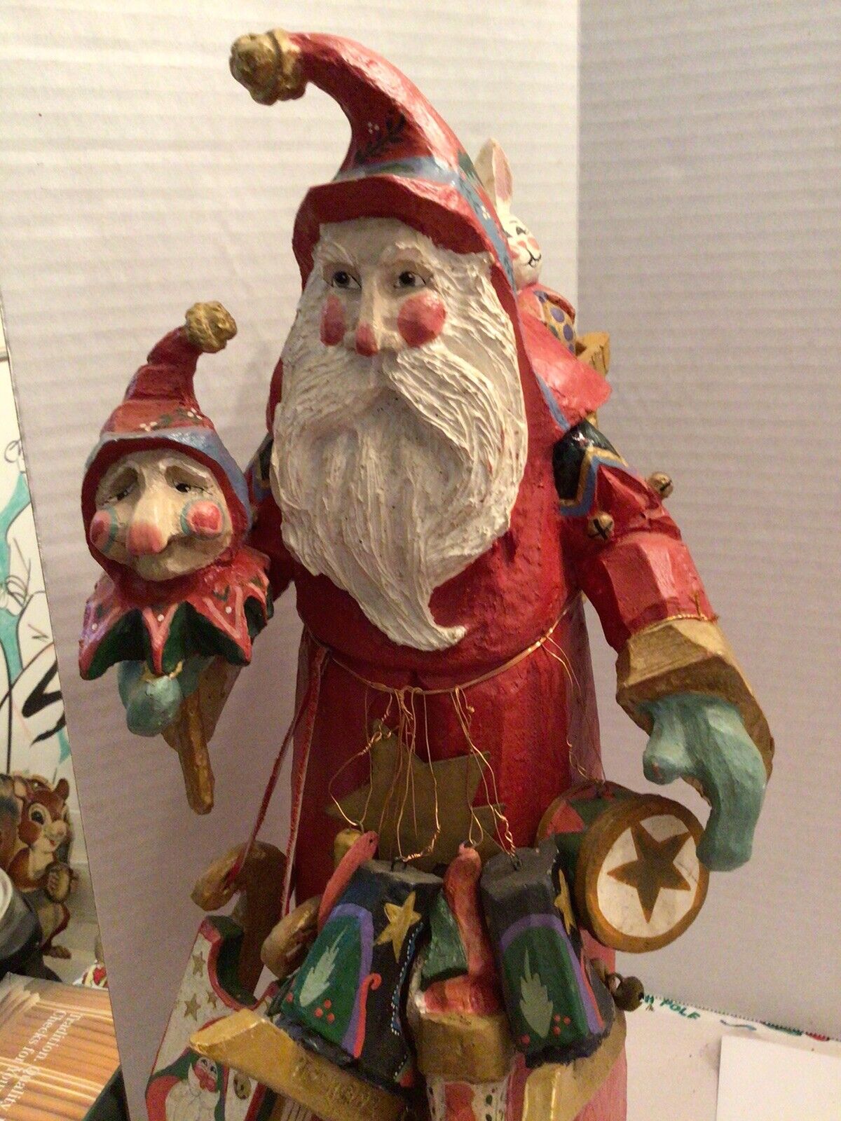 House Of Hatten 1992 Vintage Santa With Jester And Toys 19” tall Great Piece