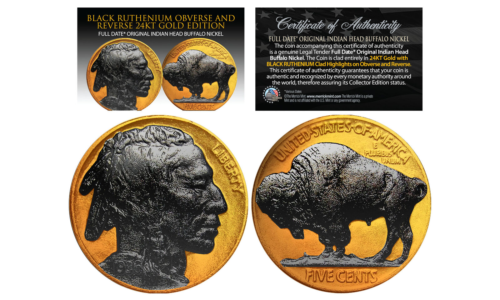 1930\'s 24K GOLD P Indian Head Buffalo Nickel *Full Dates BLACK RUTHENIUM 2-Sided