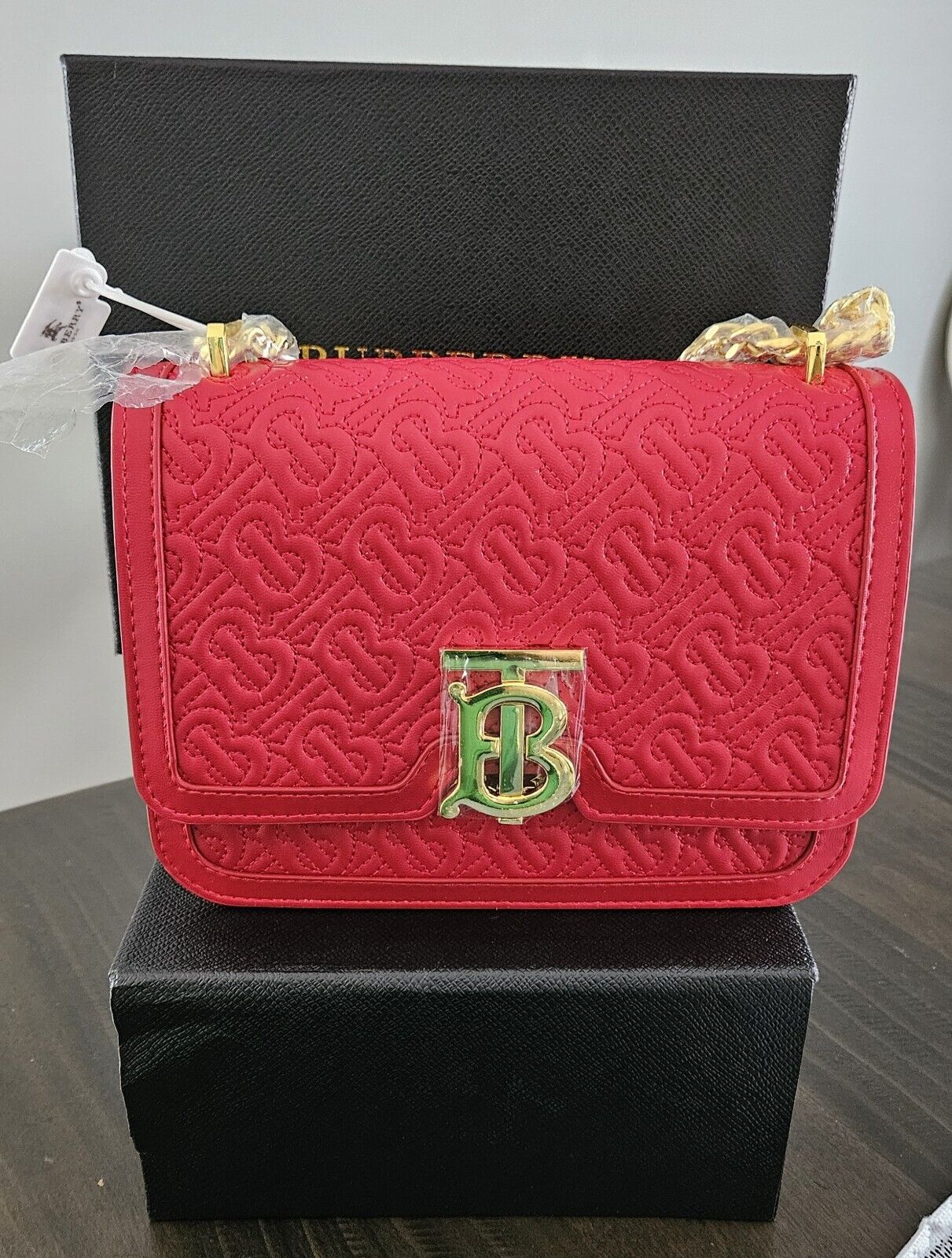 Burberry Small TB Flap Crossbody Bag Red Quilted Leather Chain Shoulder Purse