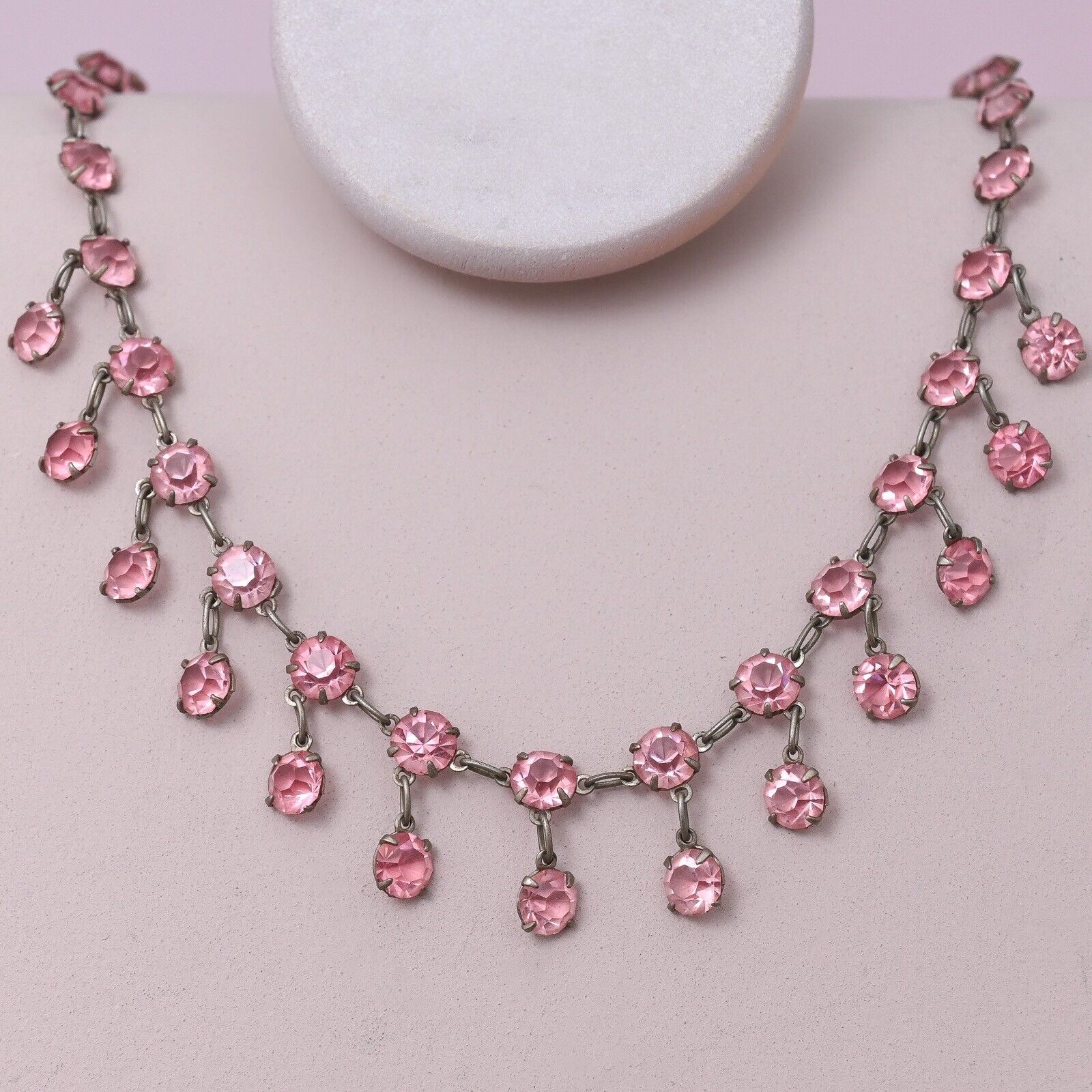 Antique 1920s Art Deco TINY Open Back PINK Crystal Glass Dangle Necklace