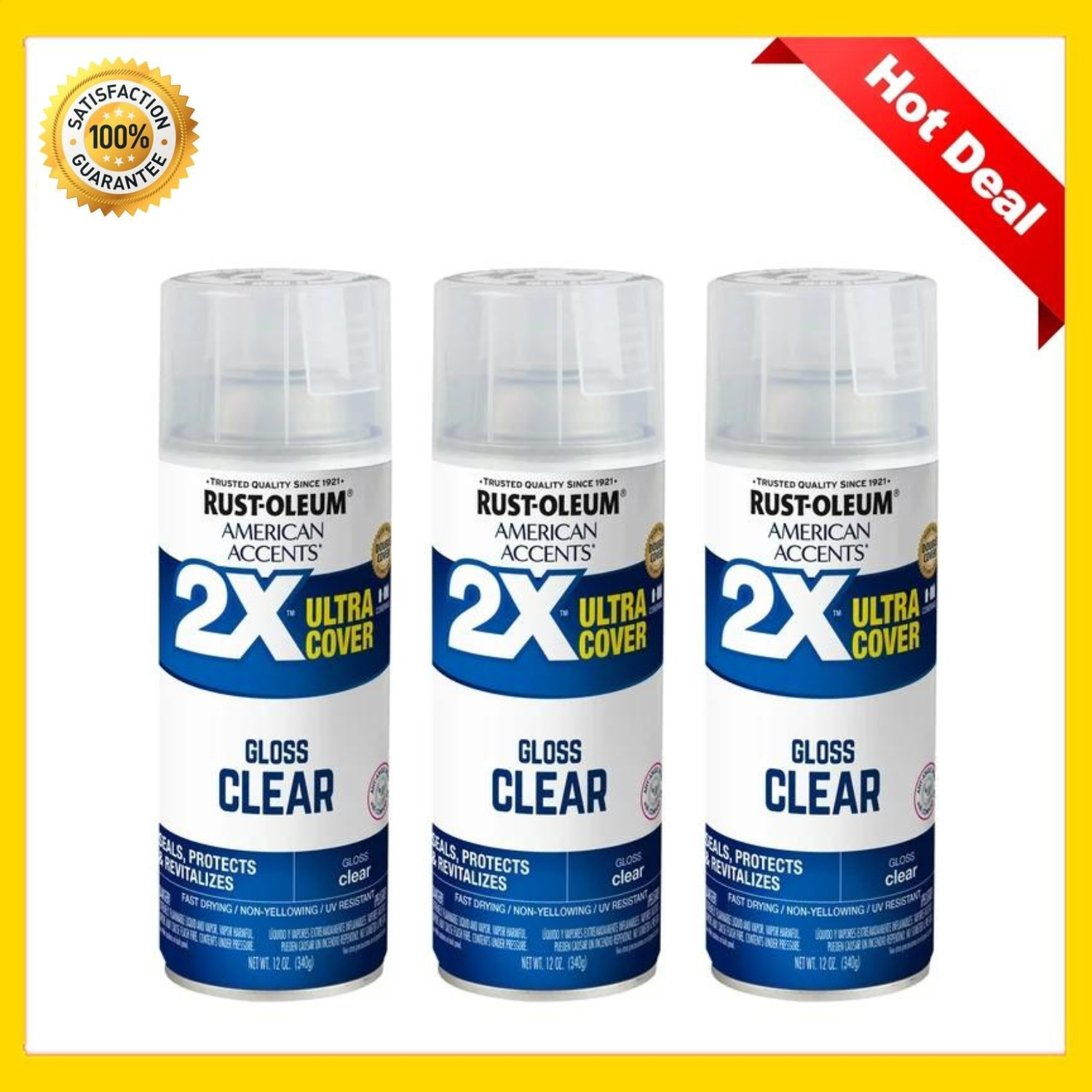 Clear, Rust-Oleum American Accents 2X Ultra Cover Gloss Spray Paint- 12 Oz, 3PK