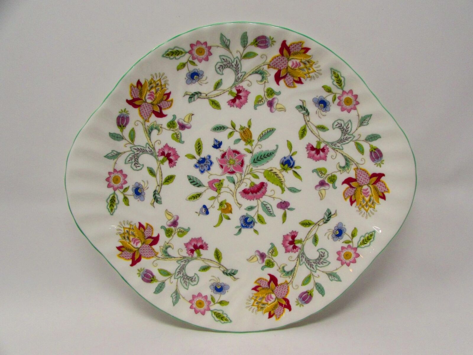 Haddon Hall by Minton Cake Plate Chintz Floral Green Or Gold Trim Swirl L73