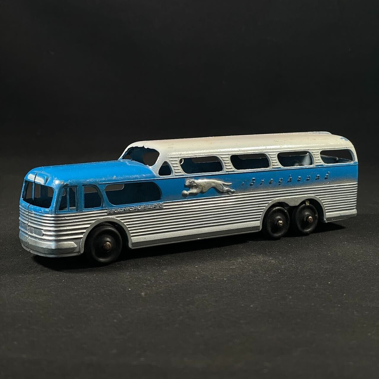 1950s Vintage Tootsie Toy Greyhound Scenicruiser Blue Silver & White Bus 7\