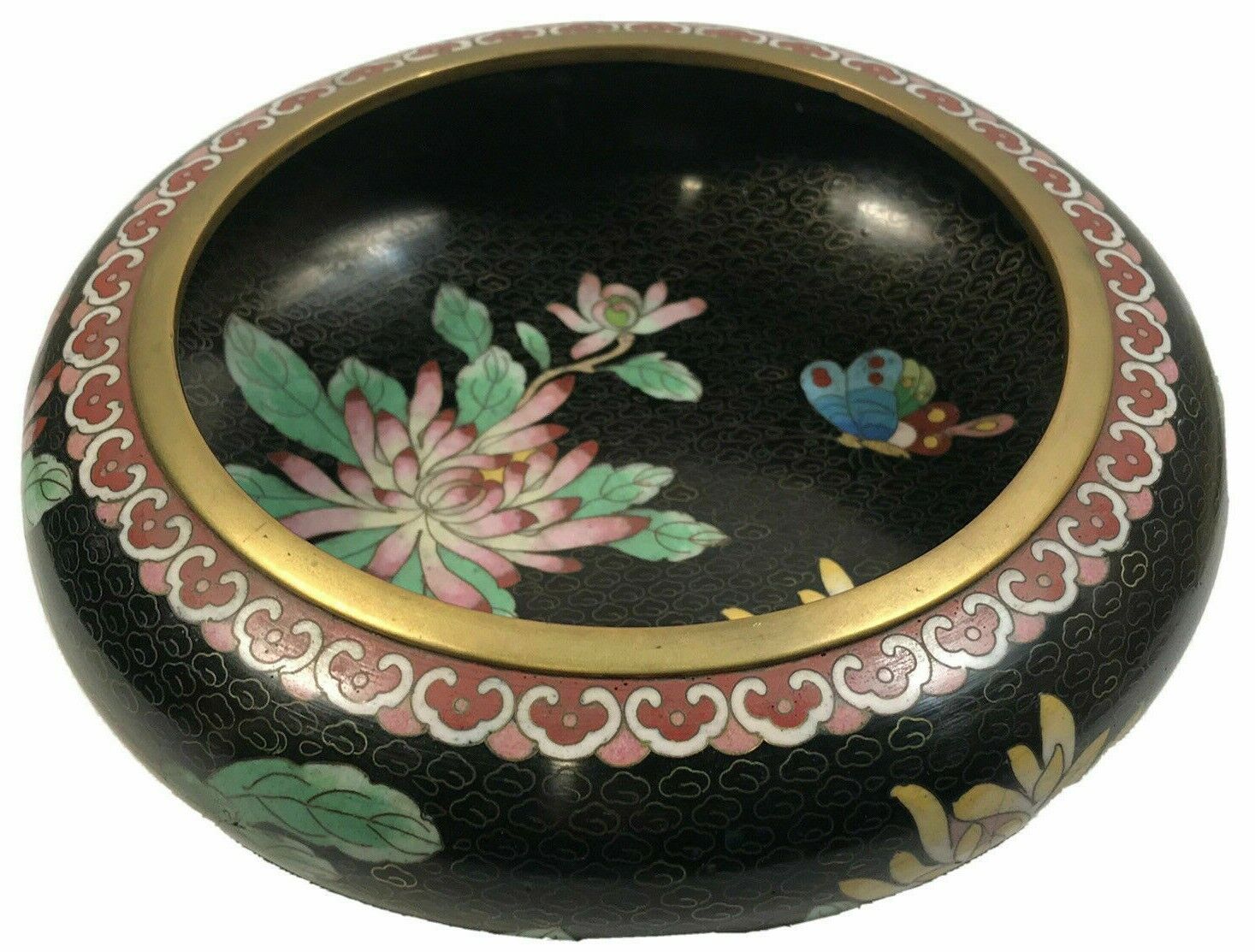 Chinese Antique Large CLOISONNE ENAMEL Bowl Planter Black Flowers Butterfly 8\