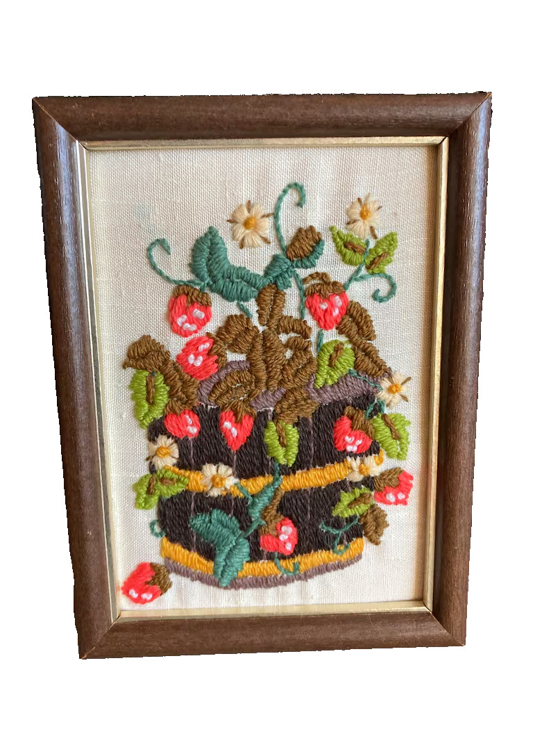 Vintage Crewel Needlework Strawberries Flowers Yarn Wood Frame Wall Art 1970s