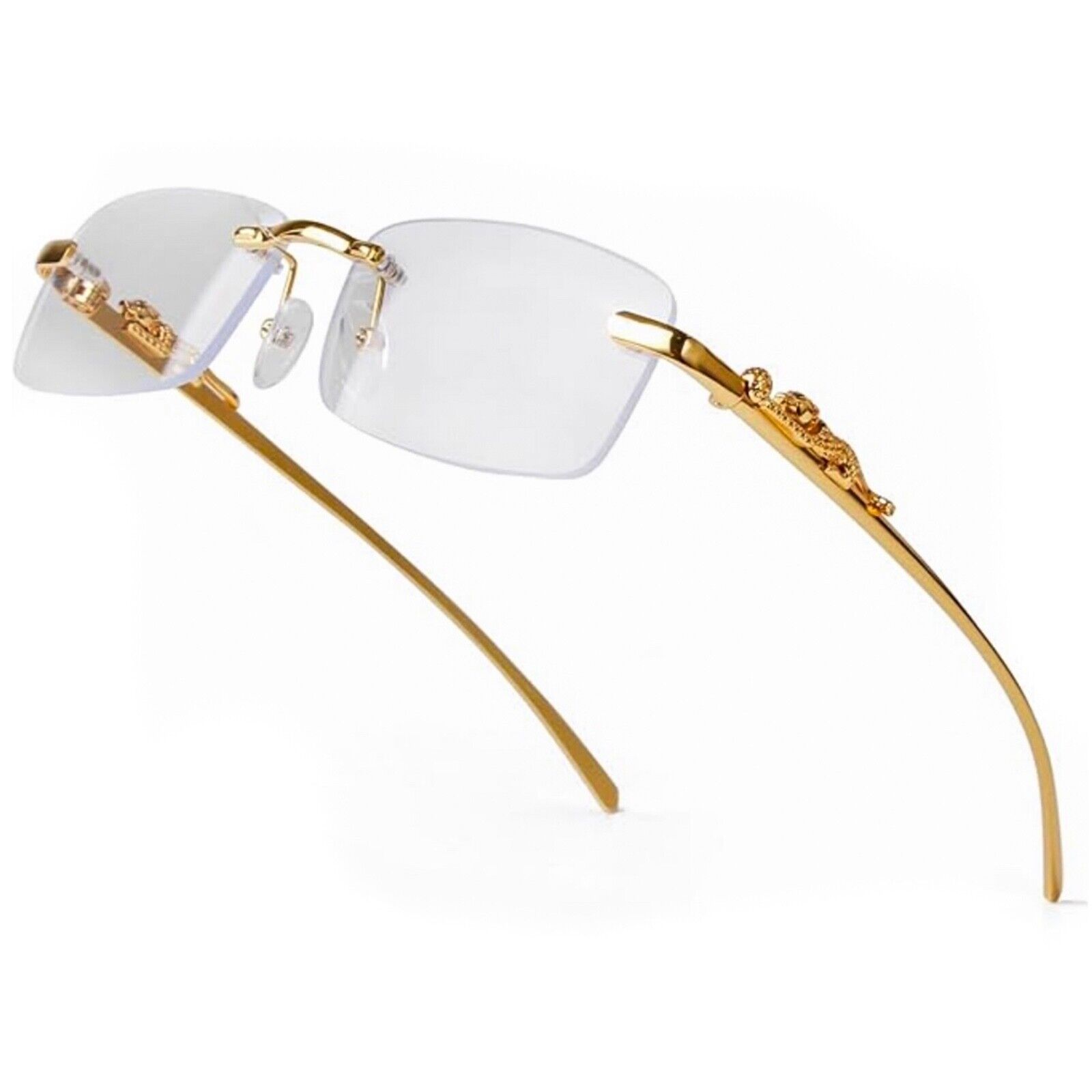 Mens Vintage Clear Lens Gold Frame Leopard Rimless Hip Hop Frameless Glasses