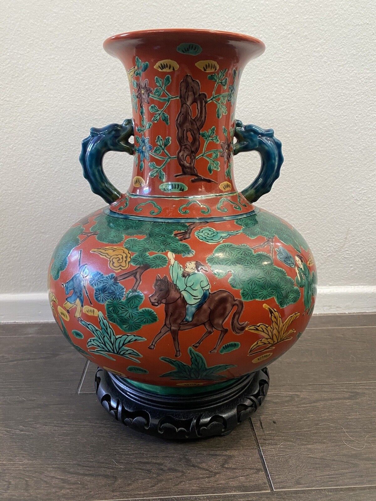 Antique Japanese Kutani Porcelain Vase Dragon Handles