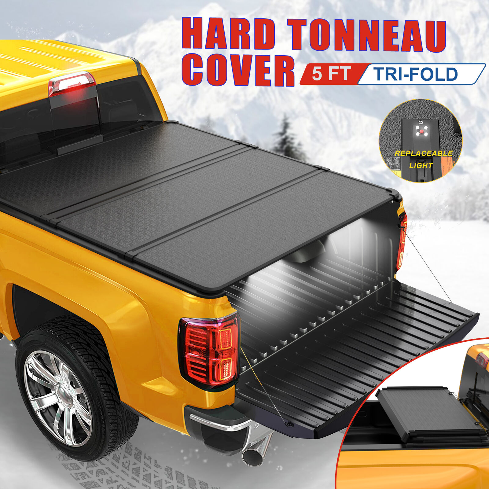 5FT Hard Tonneau Cover For 2019-2024 Ford Ranger Truck Bed Tri-Fold W/LED