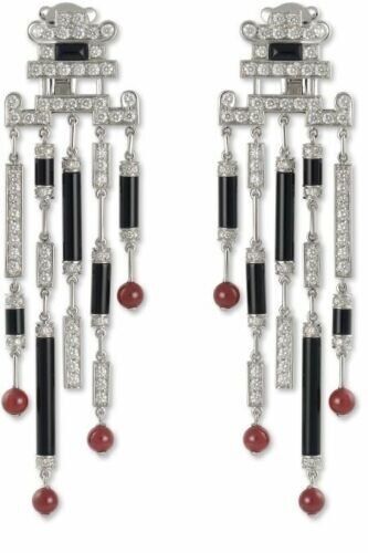Stunning Art Deco Style Black Onyx, White CZ and Ruby Beads Mid-Century Earrings