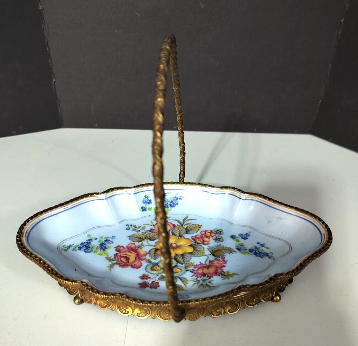 Antique French Porcelain & Bronze Handle Tray, 10