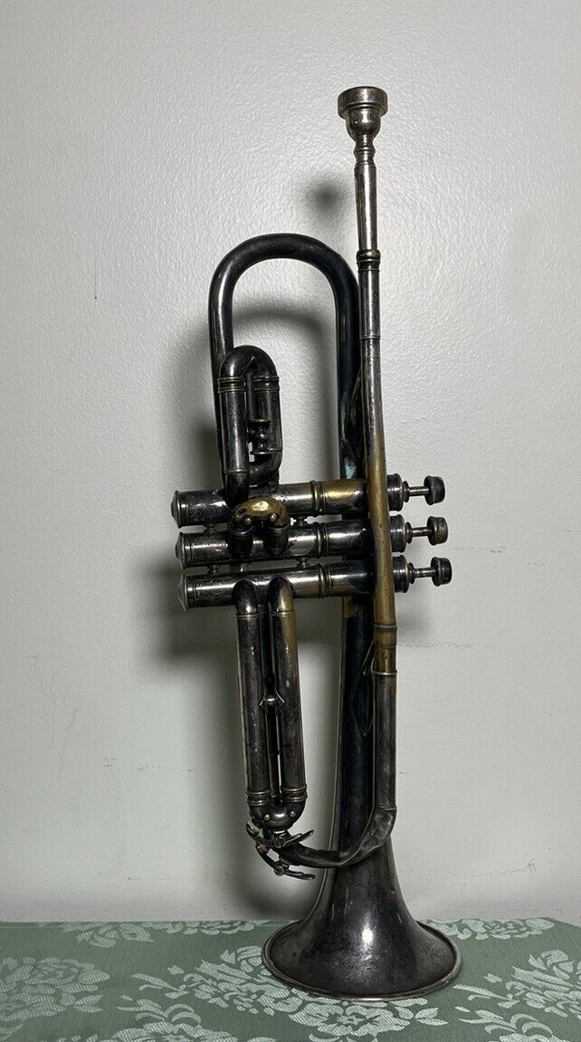 Antique J.W. York & Sons Engraved Silver Trumpet Grand Rapids MI Vtg