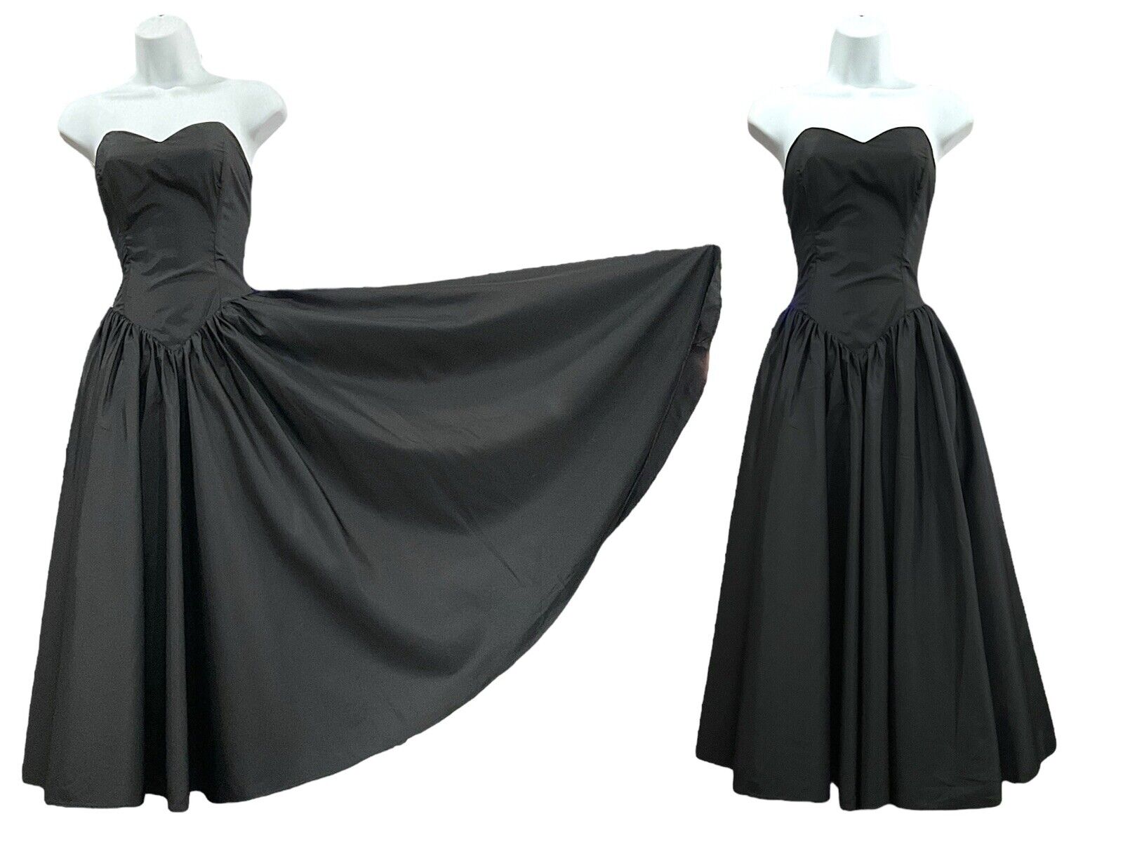 vintage 1950s Style Retro Strapless Fit Flare Taffeta Black 1980s Dress