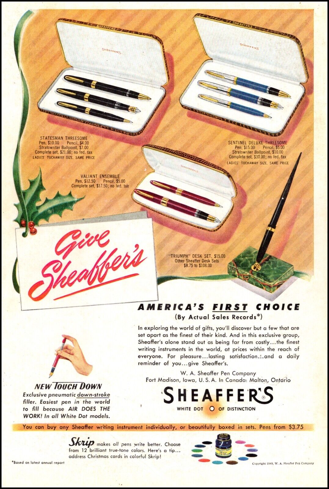 1948 Christmas AD  Give SCHAEFFER\'S Fountain Pen & Pencil Sets  Skrip Ink 120722