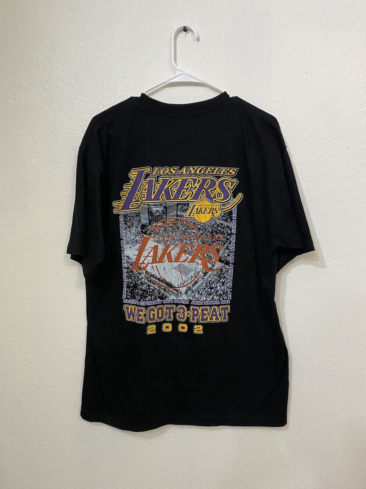 Vintage 2002 Kobe Shaq Los Angeles Lakers World Champions 3-Peat Black Rap Tee