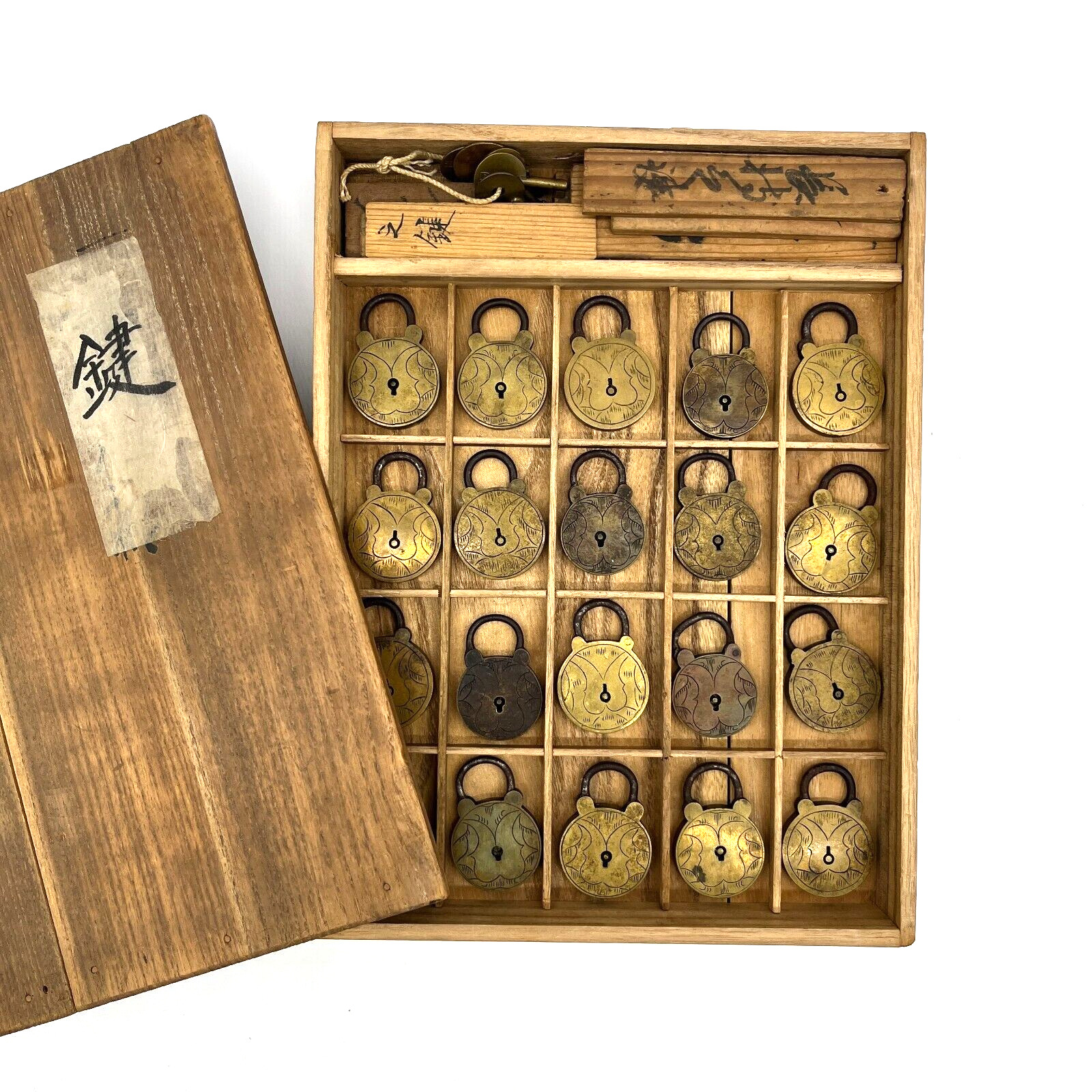 [Rare] Antique Japanese Brass Padlock Set in Wooden Box - Collectible Locks