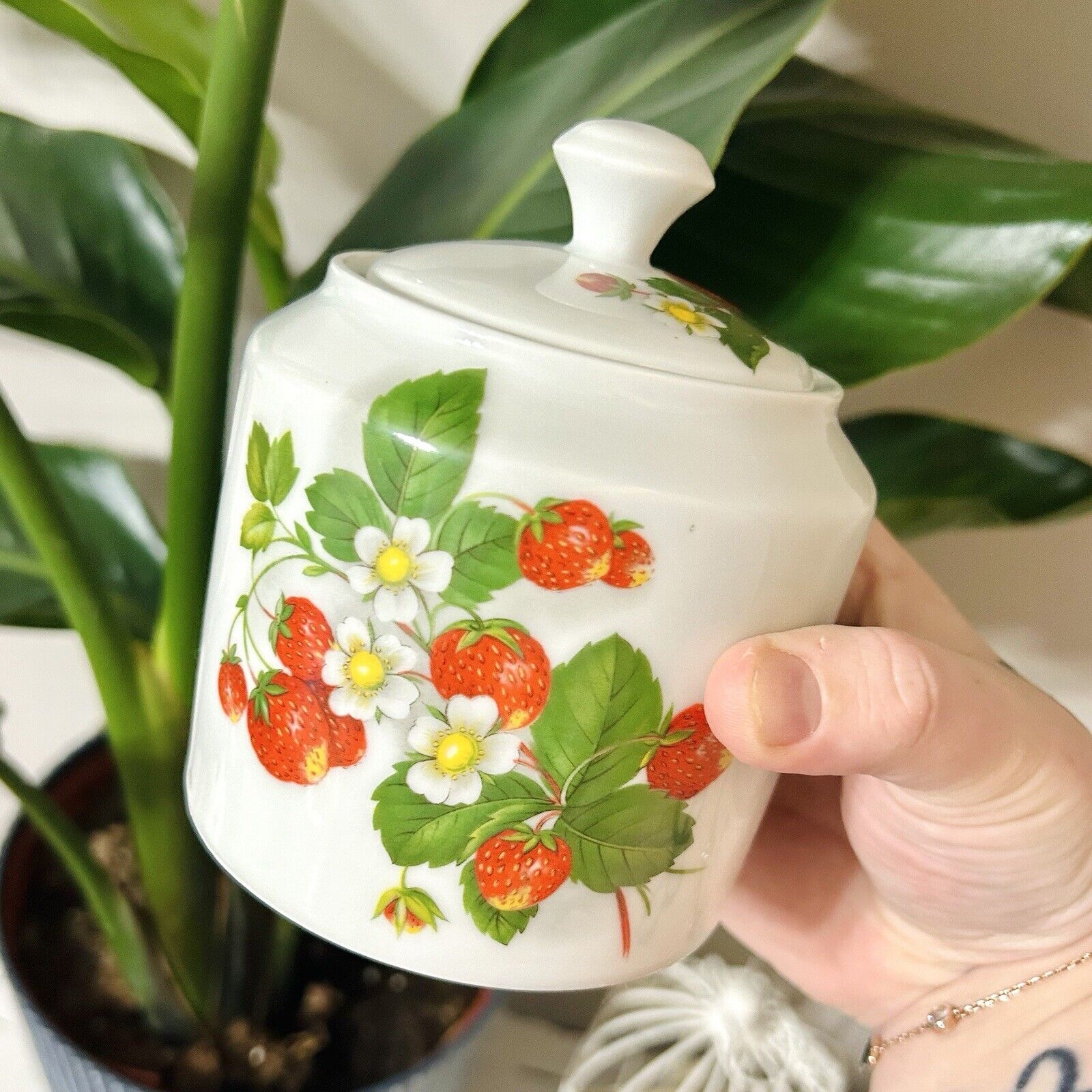 Vintage Porcelain Strawberry Pattern Sugar Jar With Lid