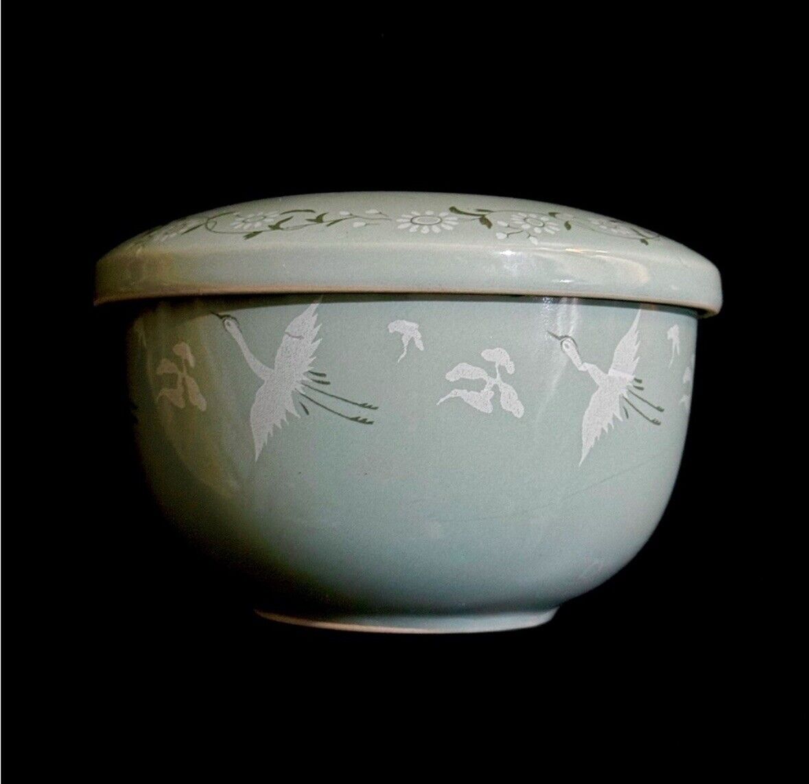 Signed Vintage Korean Celadon Porcelain Crane Motif Lidded Rice Bowls, set of 9