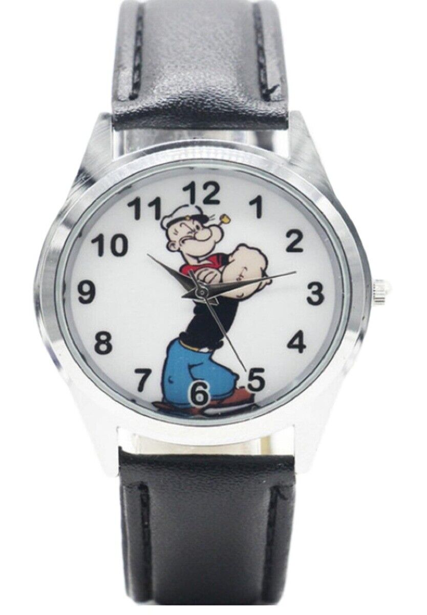 Popeye The Sailor Man Black Leather Band Wrist Watch